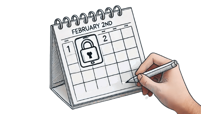 A calendar highlighting February 2nd with a security lock icon.